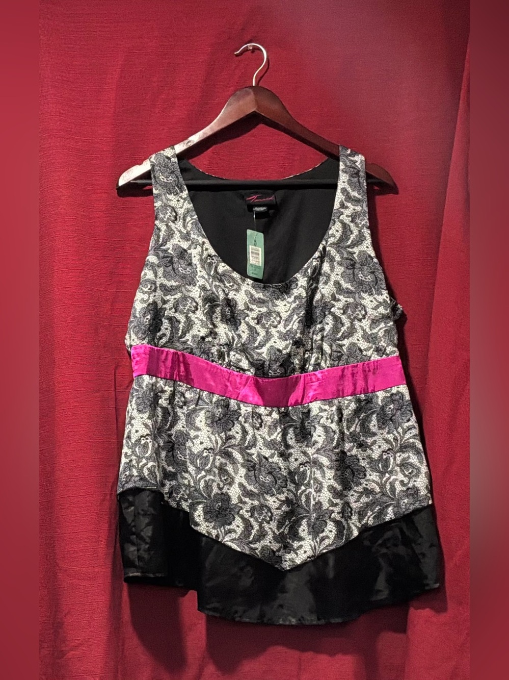 torrid Black and White Floral Lace Tank with Pink Waistband